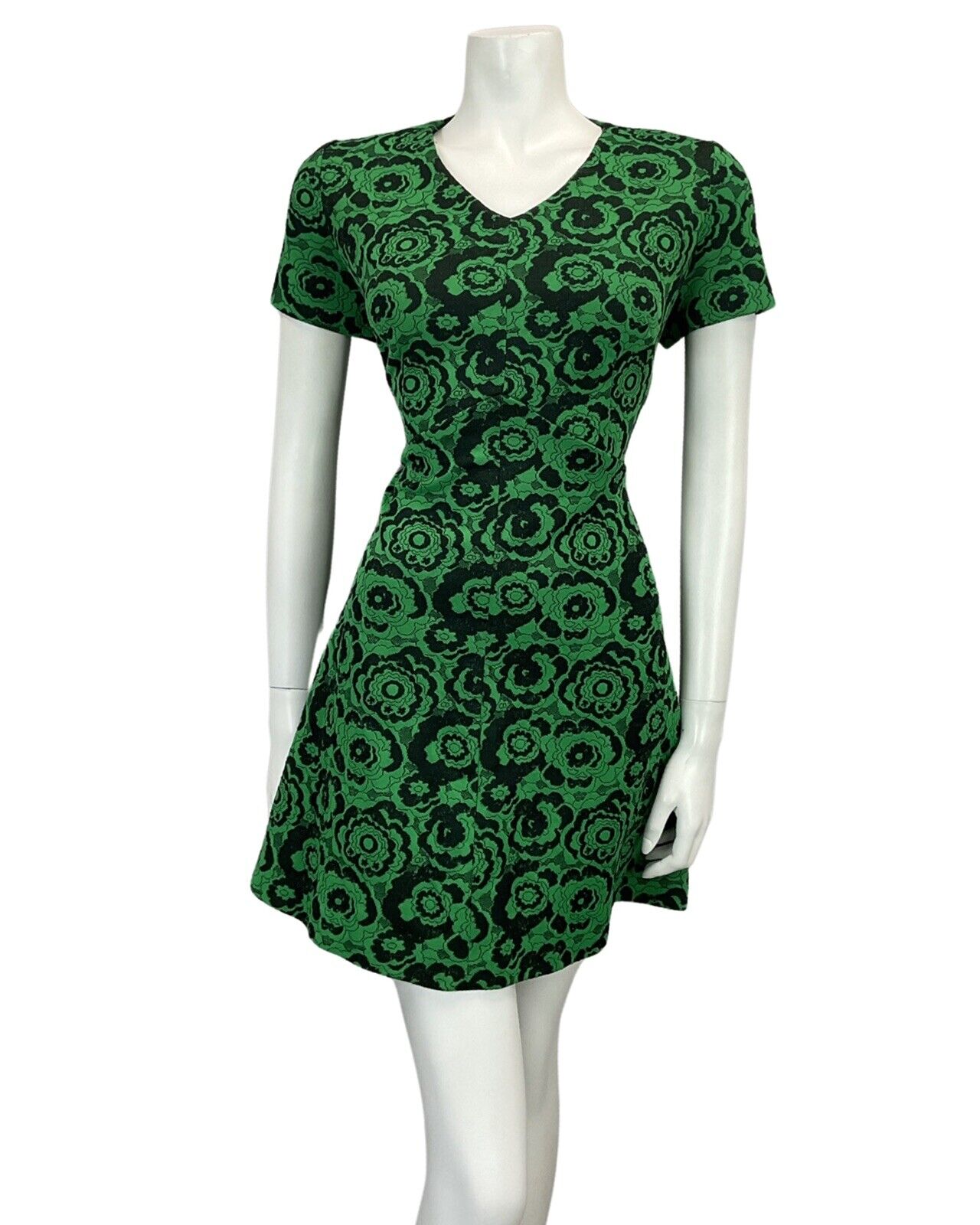 VINTAGE 60s 70s BLACK GREEN FLORAL PATTERN MINI MOD DRESS 16