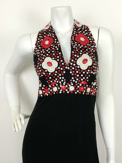 VTG 60s 70s BLACK RED WHITE SEQUIN DAISY FLOWER SHEER HALTER MAXI DRESS 6