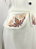 VTG 60s 70s WHITE PURPLE ORANGE EMBROIDERED FLORAL FOLK PAISLEY PEPLUM DRESS 14