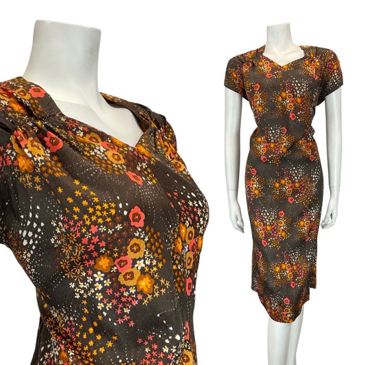 VINTAGE 60s 70s BROWN ORANGE DITSY DAISY FLOWER MOD CAP SLEEVE DRESS 12 14