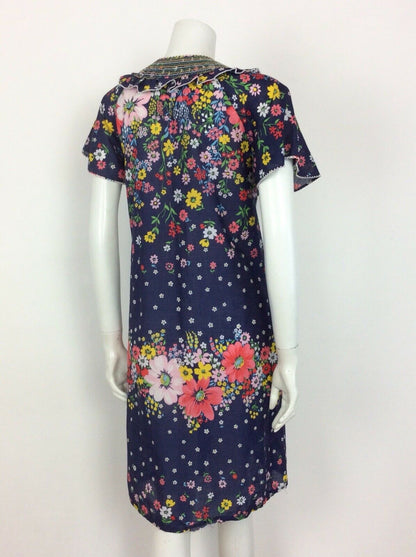 BEAUTIFUL VTG 60S 70S BLUE FLORAL COTTON SHIRRED DRESS 12 14