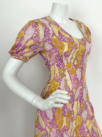 VTG PINK YELLOW PURPLE WHITE FLORAL STAR PSYCHEDELIC PUFF MAXI DRESS 10