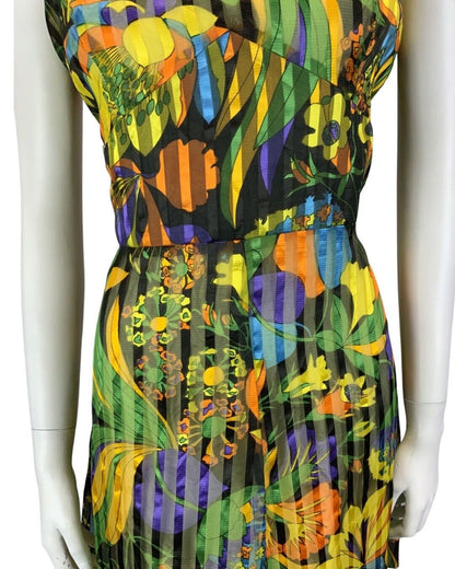 VINTAGE 60s 70s YELLOW GREEN ORANGE FLORAL PRINT MINI DRESS 12