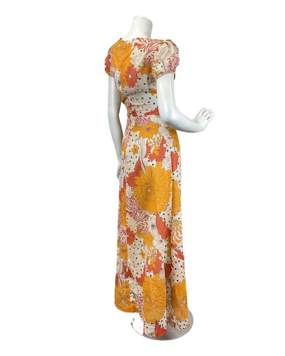 VTG 60s 70s ORANGE RED WHITE FLORAL PSYCHEDELIC MOD PUFF SLEEVE MAXI DRESS 8 10