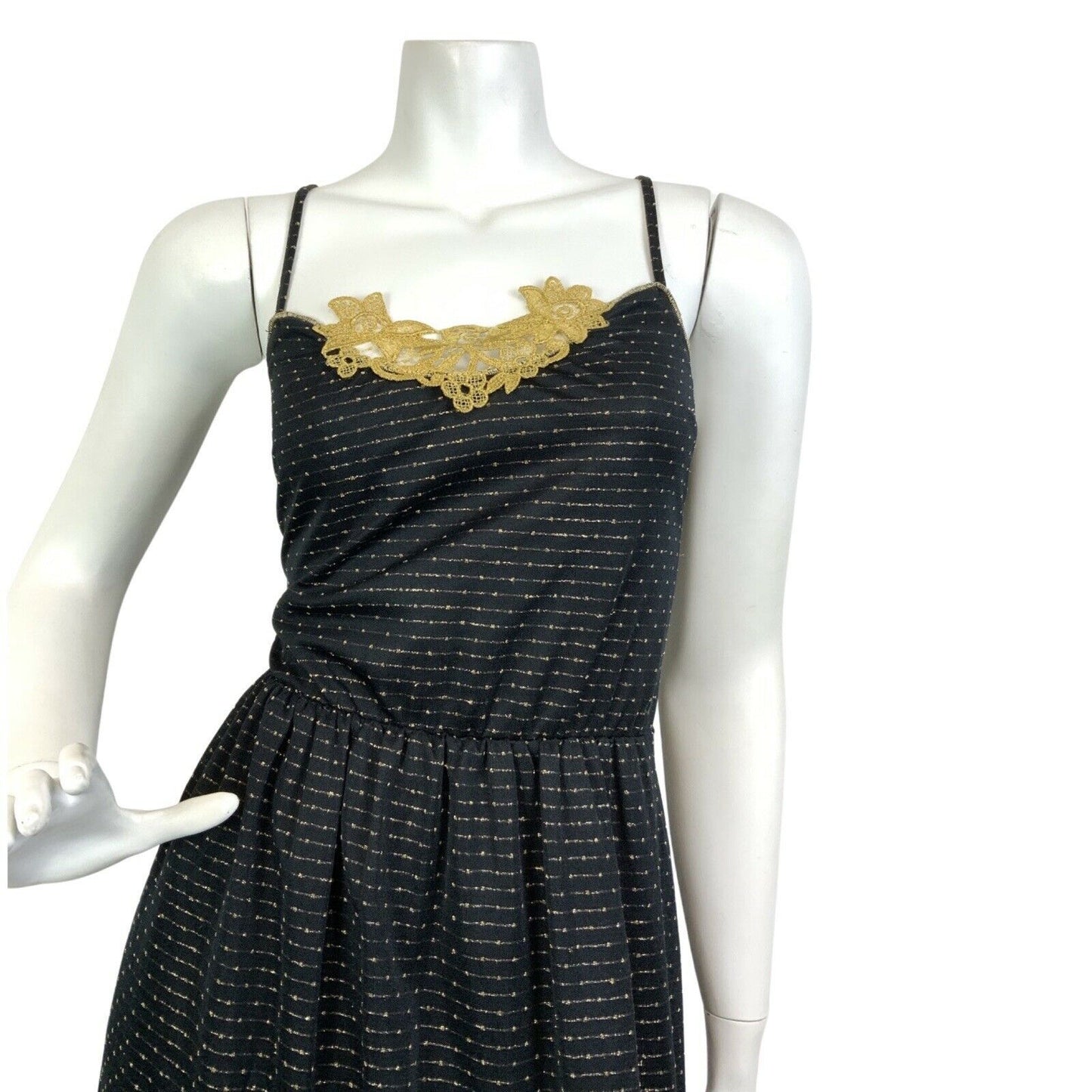 VINTAGE 60s 70s BLACK GOLD STRIPED FLORAL LACE PARTY STRAPPY MAXI DRESS 8 10