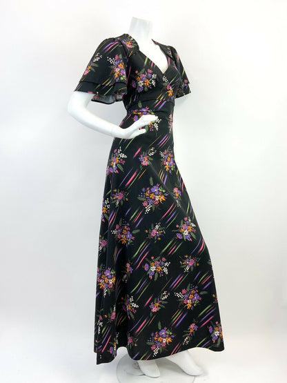 VINTAGE 60s 70s BLACK PURPLE GREEN ORANGE FLORAL STRIPED MOD MAXI DRESS 10