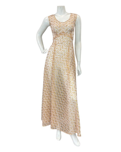 VINTAGE 60s 70s GOLD WHITE FLORAL LACE SHEER SLEEVELESS PARTY MAXI DRESS 8 10