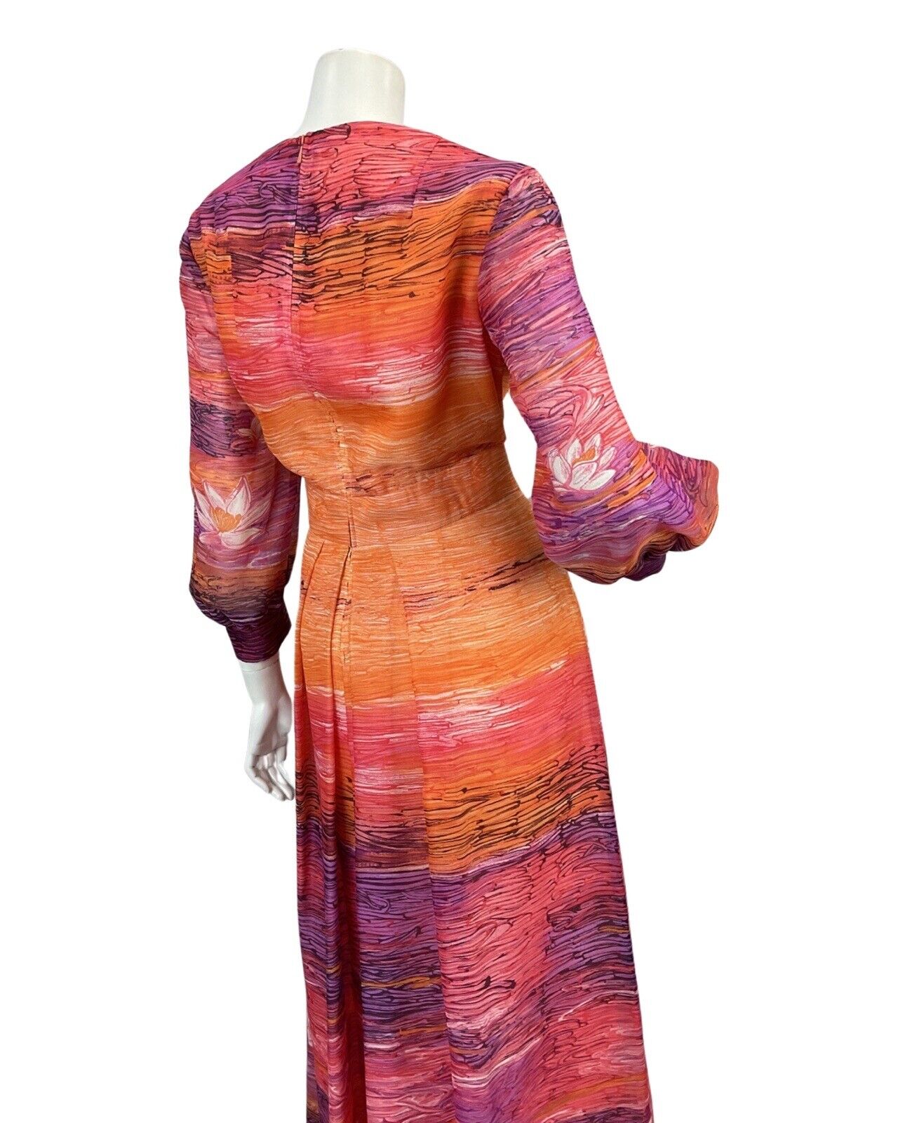 VTG 60s 70s ORANGE PINK PURPLE SUNSET FLORAL BOHO FOLK MAXI DRESS 12 14