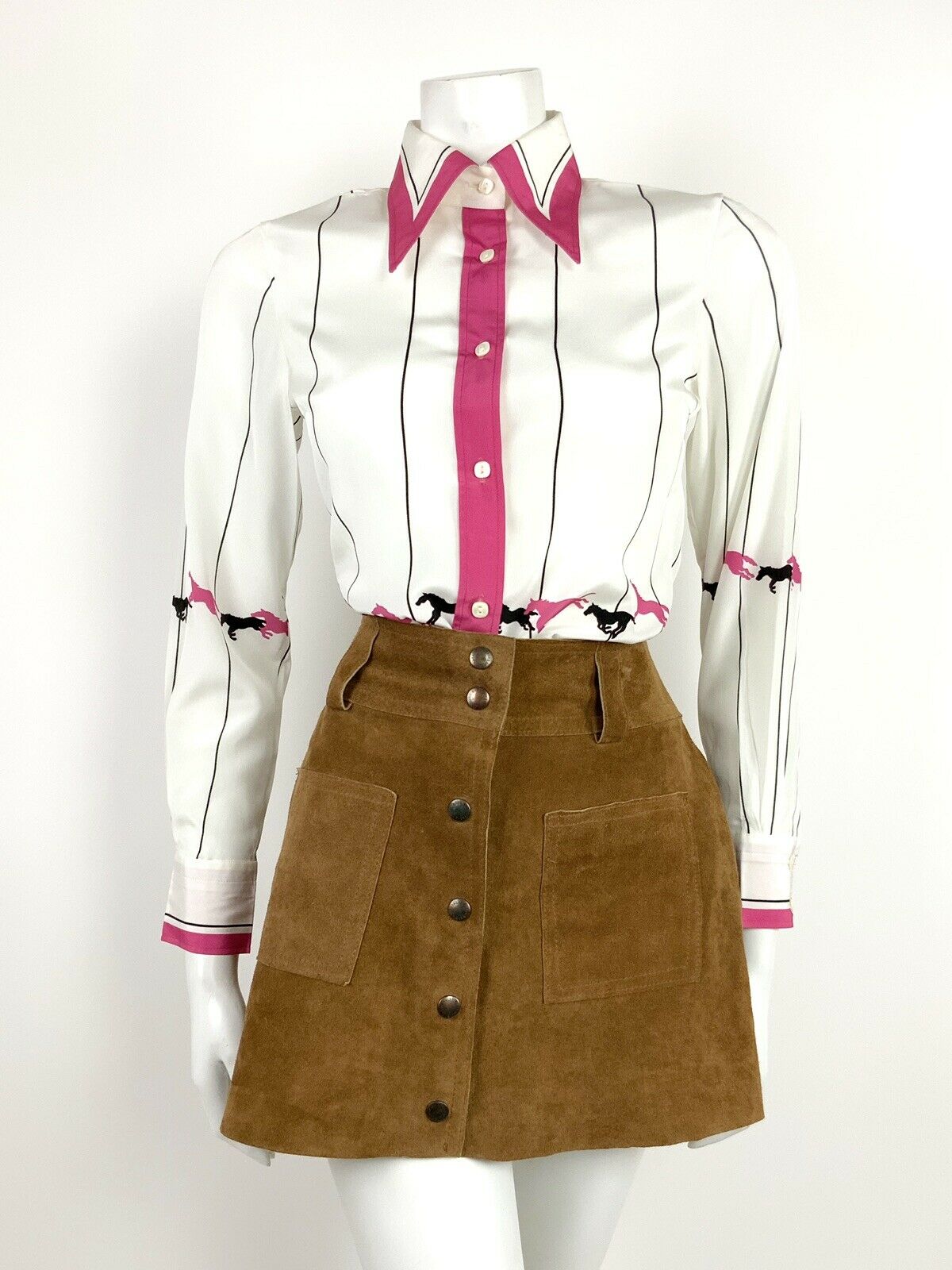 VINTAGE 60s 70s WHITE BLACK PINK STRIPED HORSES DAGGER COLLAR SHIRT 8 10