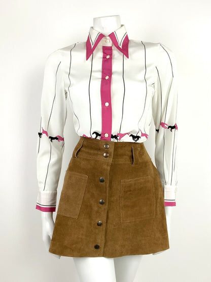 VINTAGE 60s 70s WHITE BLACK PINK STRIPED HORSES DAGGER COLLAR SHIRT 8 10