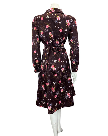 VINTAGE 60S 70S DRAK PURPLE PINK FLORAL BOHO MOD MIDI DRESS 12 14