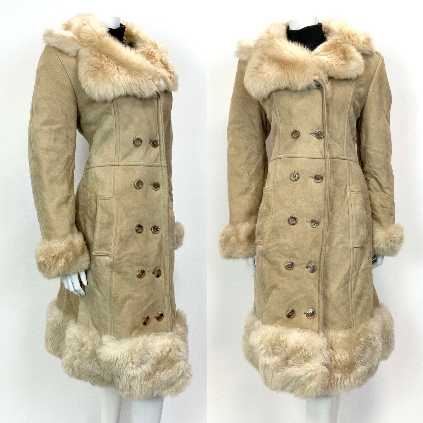 VINTAGE 60s 70s SAND BEIGE DOUBLE-BREASTED BOHO MOD SHEARLING PRINCESS COAT 14