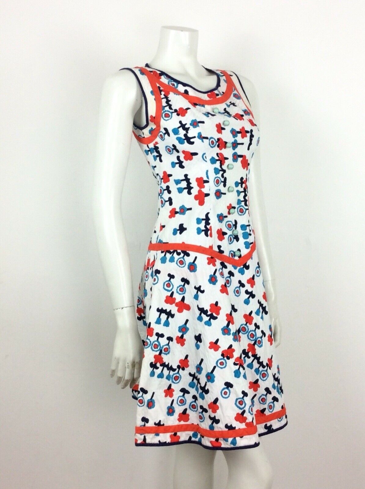 AMAZING VINTAGE 60s 70s FLORAL SUMMER DRESS POPPY RED BLUE WHITE 4 6