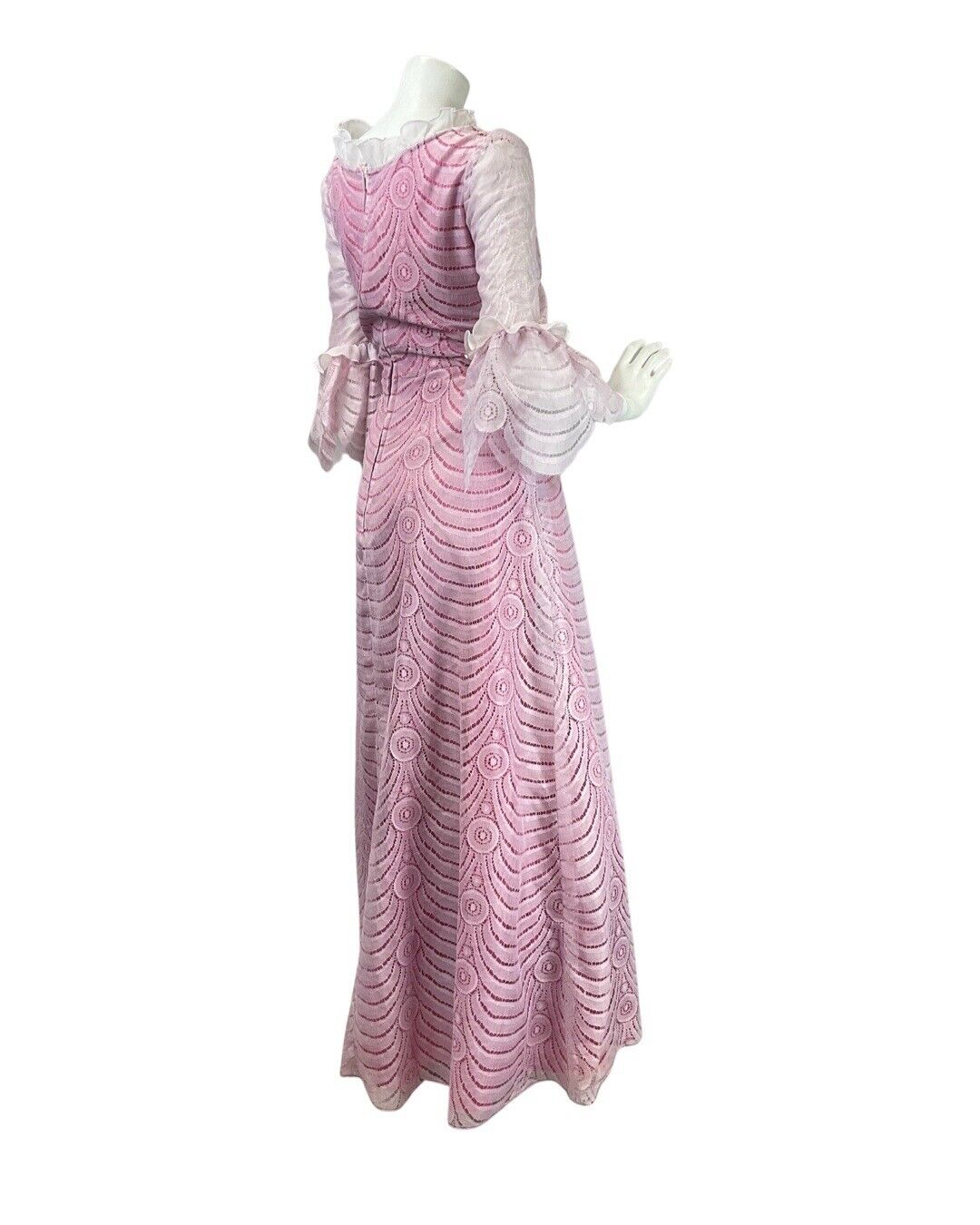 VINTAGE 60s 70s PINK WHITE LACE RUFFLED FLOUNCE SLEEVE PRAIRIE MAXI DRESS 14 16