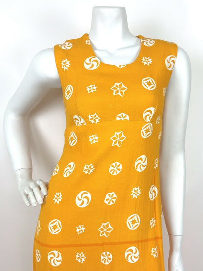 VINTAGE 60s 70s YELLOW ORANGE WHITE ABSTRACT STAR CIRCLE PINWHEEL MAXI DRESS 8