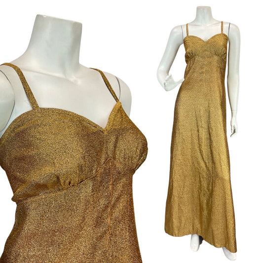 VINTAGE 60s 70s BRASSY GOLD GLITTER LUREX PARTY DISCO STRAPPY MAXI DRESS 12