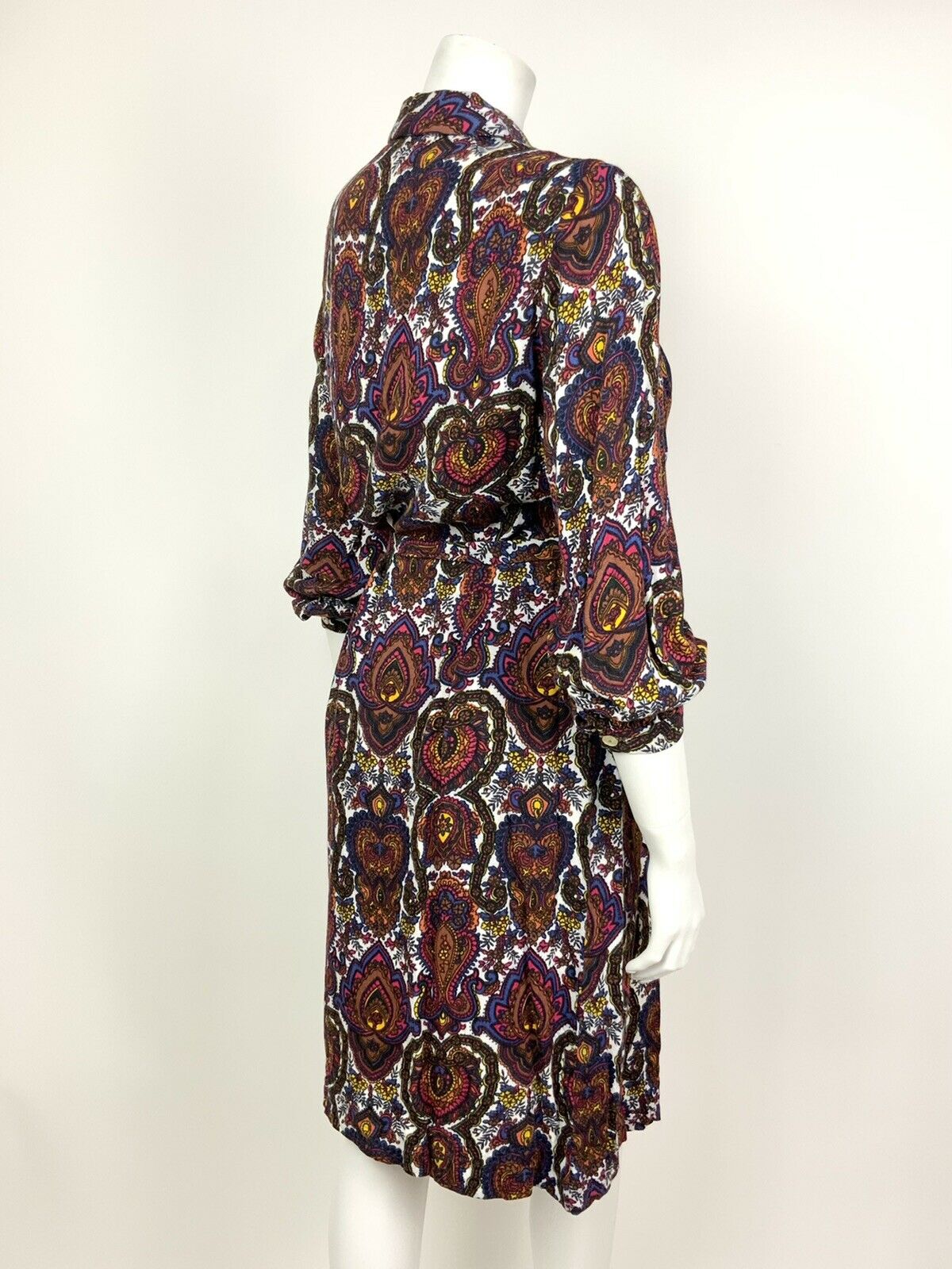 VTG 60s 70s WHITE BROWN BLUE RED PSYCHEDELIC PAISLEY FLORAL SHIRT DRESS 12 14