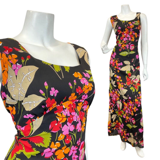 VINTAGE 60s 70s BLACK ORANGE RED FLORAL PSYCHEDELIC SLEEVELESS MAXI DRESS 12 14