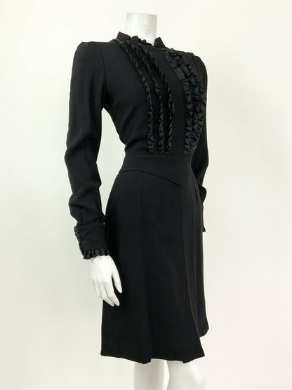 VINTAGE 60s 70s BLACK RUFFLE MANDARIN COLLAR SHORT FLARED DRESS 10