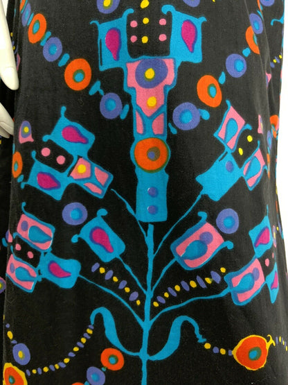 VINTAGE 60s 70s GEOMETRIC ABSTRACT BLACK BLUE PINK ORANGE WRAP MAXI DRESS 10