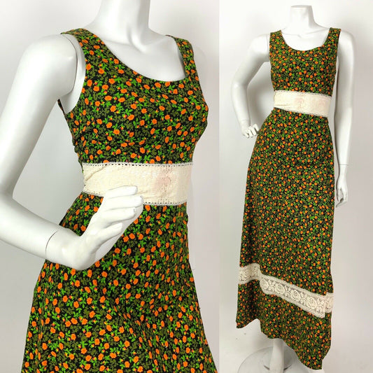 VTG 60s 70s GREEN ORANGE BLACK FLORAL DITSY LACE BOHO PRAIRIE MAXI DRESS 8 10