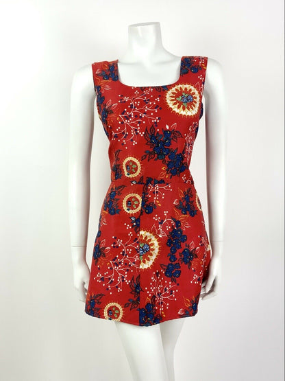 VTG 60s 70s RED BLUE GOLD FLORAL SLEEVELESS MOD SCOOTER MICRO MINI DRESS 10 12