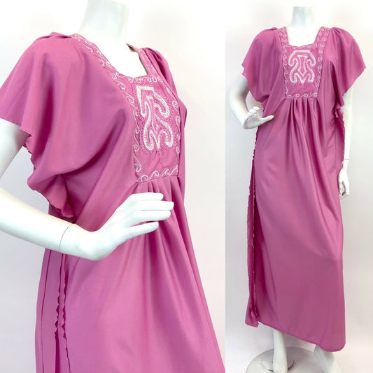 VINTAGE 60s 70s ROSE PINK WHITE EMBROIDERED BOHO FOLK KAFTAN MAXI DRESS 10 12