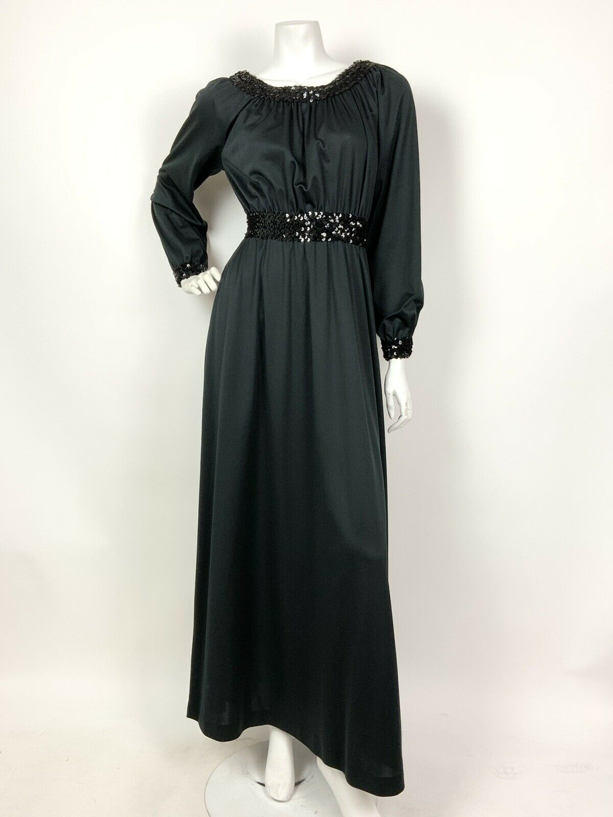 VINTAGE 60s 70s BLACK SEQUINNED RUCHED DISCO GLAM MAXI DRESS 8 10 12