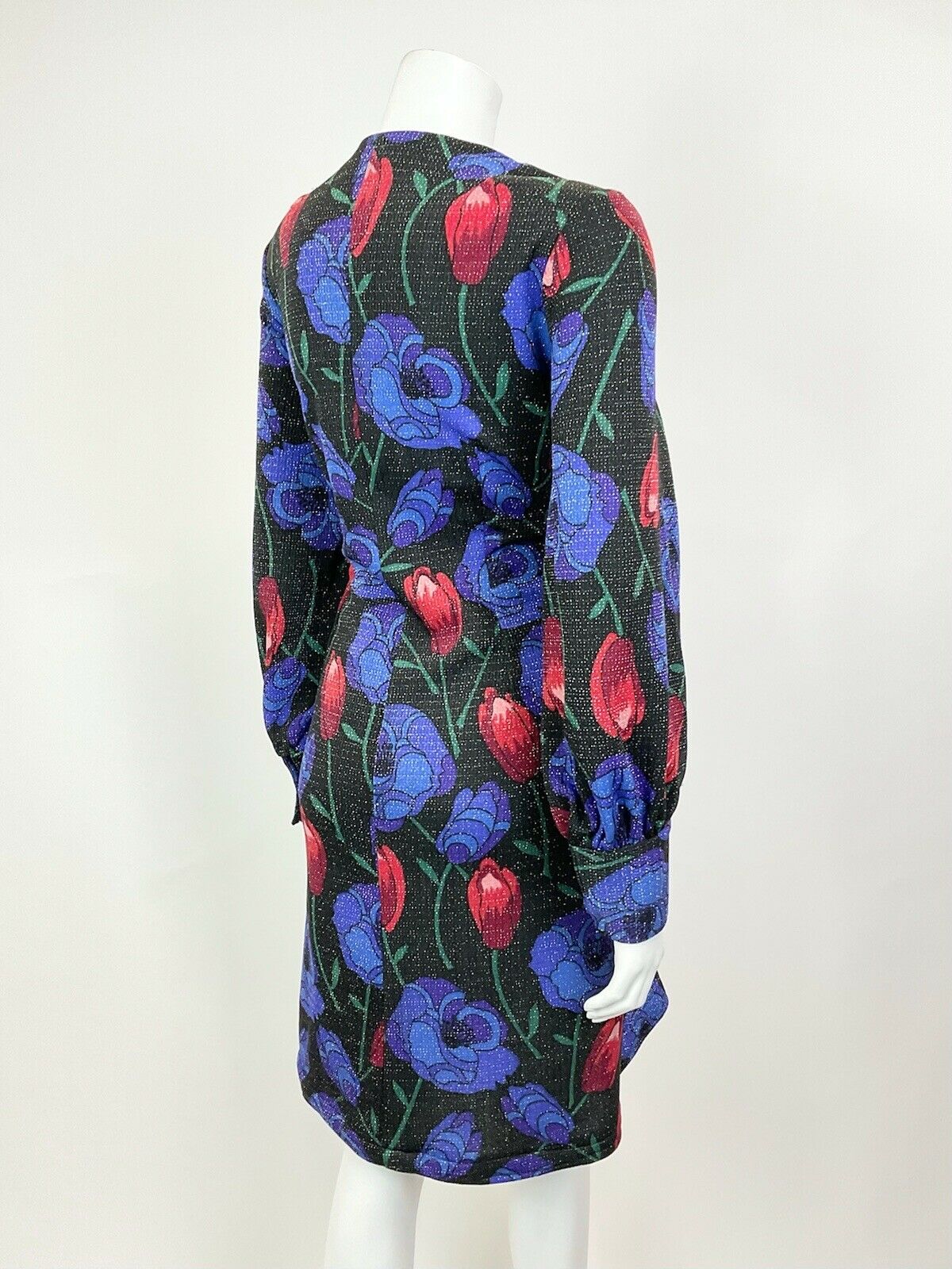 VINTAGE 60s 70s BLACK BLUE RED FLORAL ROSE TULIP LUREX PARTY GLAM DRESS 16 18