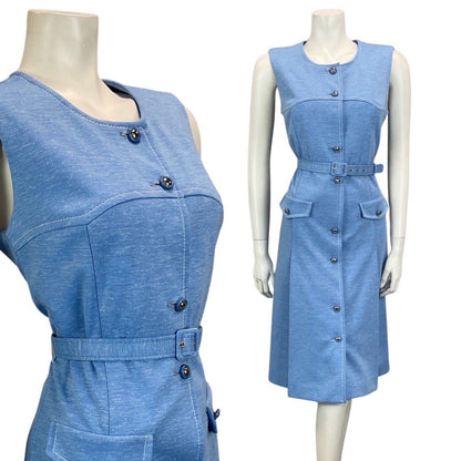 VINTAGE 60S 70S BLUE BUTTON DOWN MOD BELTED MIDI DRESS 10 12