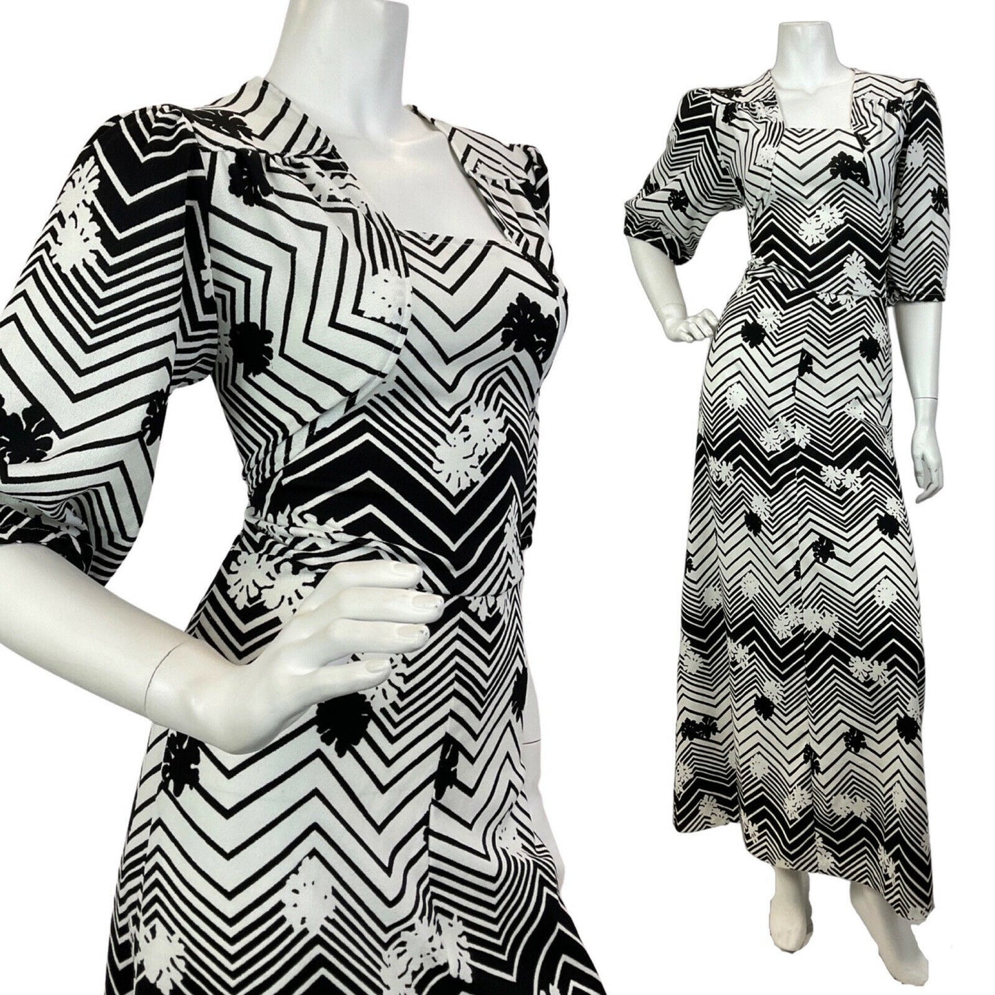 VTG 60s 70s WHITE BLACK ZIG-ZAG FLORAL PSYCHEDELIC GEOMETRIC MAXI DRESS 10 12