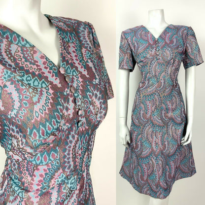 VINTAGE 60s 70s BLUE TURQUOISE PINK GOLD PSYCHEDELIC FLARED DRESS 12 14