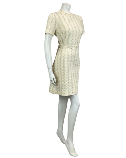 VINTAGE 60s 70s CREAM GOLD TEXTURED MOD MINI PARTY CHRISTMAS EVENING DRESS 14