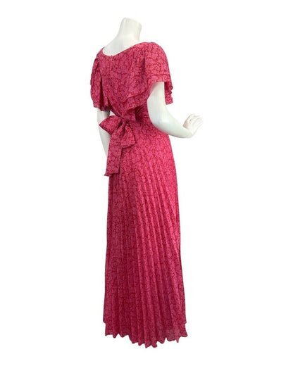 VINTAGE 60s 70s HOT PINK RED FLORAL PSYCHEDELIC BOHO PLEATED MAXI DRESS 12 14