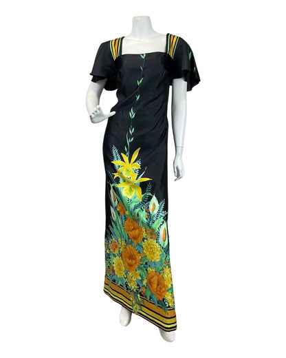 VINTAGE 60s 70s BLACK YELLOW ORANGE FLORAL SUMMER MAXI DRESS 12 14