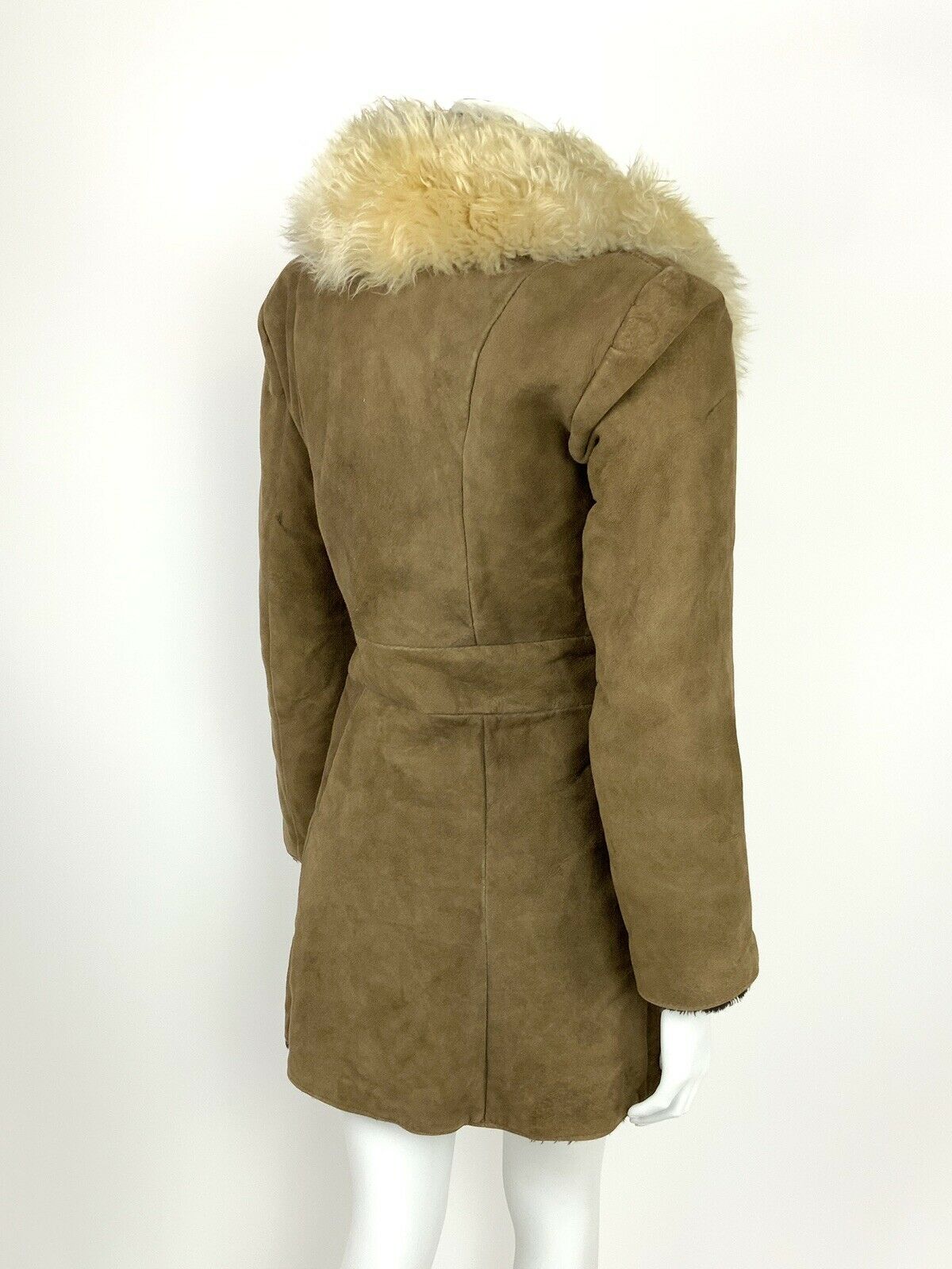 VINTAGE 60s 70s BROWN CREAM SUEDE SHEARLING AFGHAN FUR TRIM BOHO HIPPY COAT 8 10