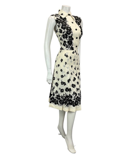 VTG 60S 70S OFF WHITE BLACK FLORAL PATTERNED BOHO MOD PLEATED MIDI DRESS 12 14