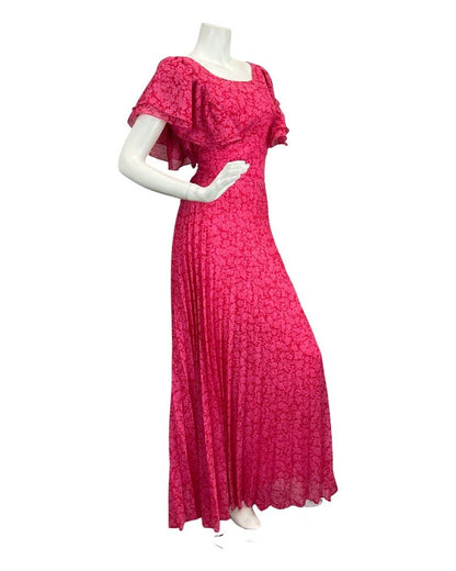 VINTAGE 60s 70s HOT PINK RED FLORAL PSYCHEDELIC BOHO PLEATED MAXI DRESS 12 14