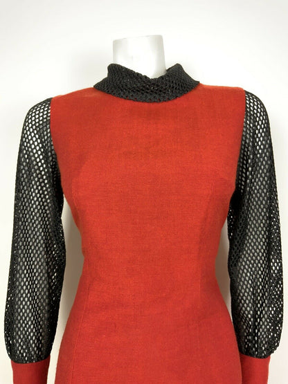 VINTAGE 60s 70s RUST RED BLACK GLITTER MESH FITTED DRESS 8