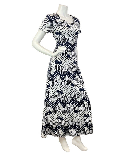 VINTAGE 60s 70s WHITE NAVY BLUE ZIG-ZAG FLORAL OP-ART MOD MAXI DRESS 10 12