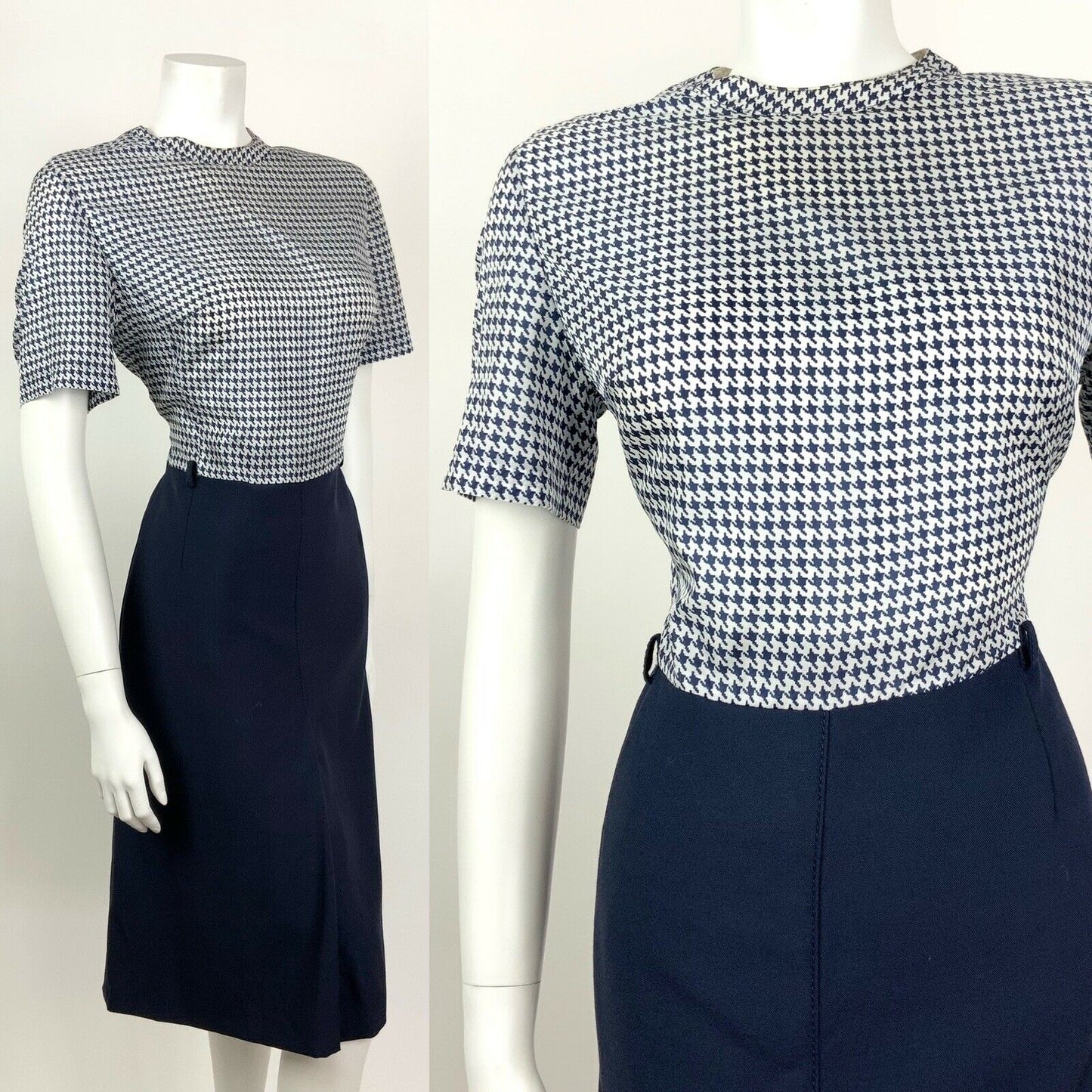 VINTAGE 60s 70s NAVY BLUE WHITE DOGTOOTH HOUNDSTOOTH MIDI DRESS 12 14