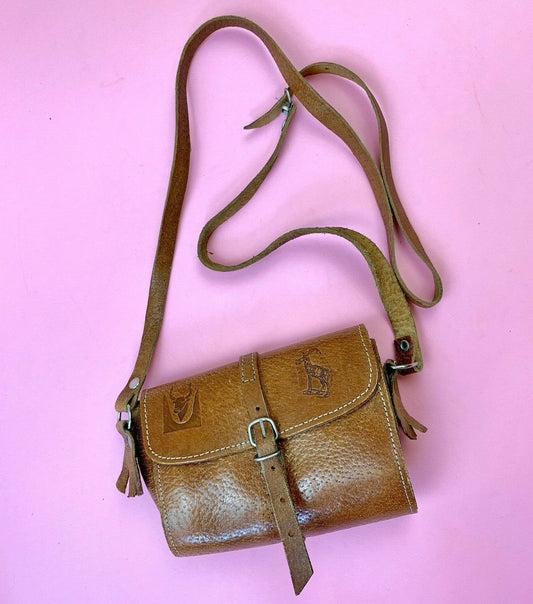 VINTAGE 60S 70S TAN STAMPED LEATHER MINI SATCHEL BAG WESTERN