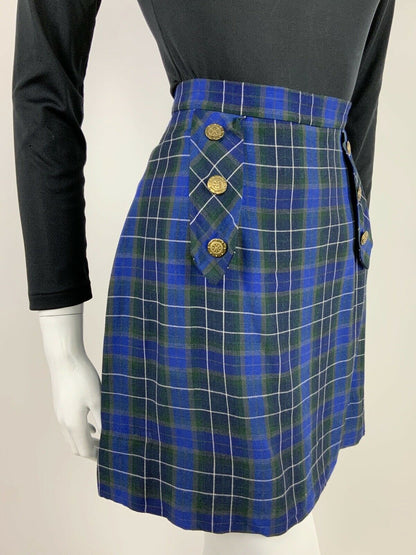 VINTAGE 60s 70s BLUE GREEN WHITE TARTAN PLAID NAUTICAL A-LINE SHORT SKIRT 10