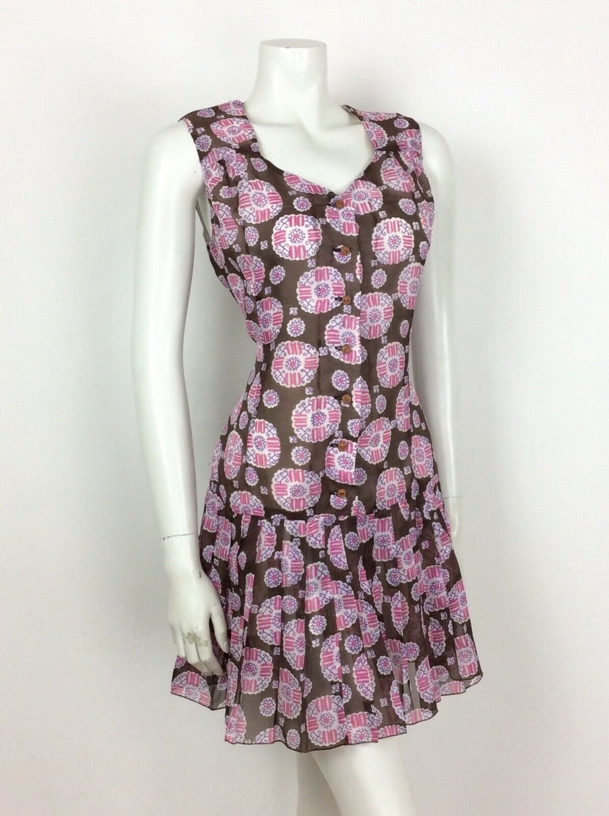 VINTAGE 60S 70S BROWN WHITE PINK PAISLEY SMOCK DRESS DROPPED PLEAT WAIST 14 16