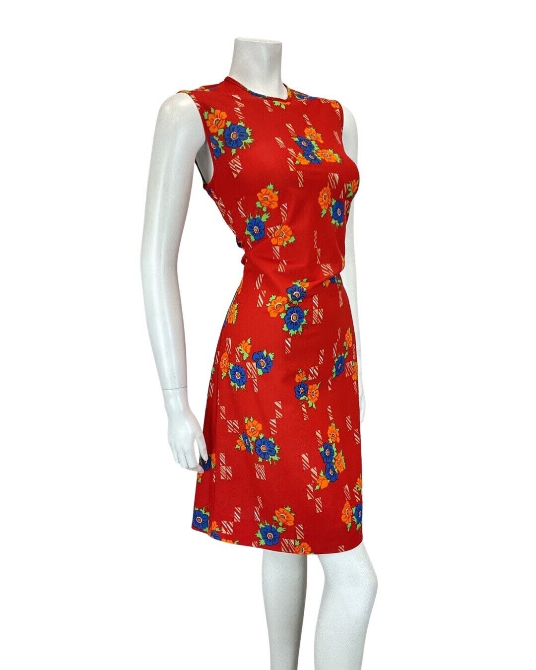 VINTAGE 60s 70s PILLARBOX RED BLUE FLORAL MOD SLEEVELESS SHORT DRESS 10 12