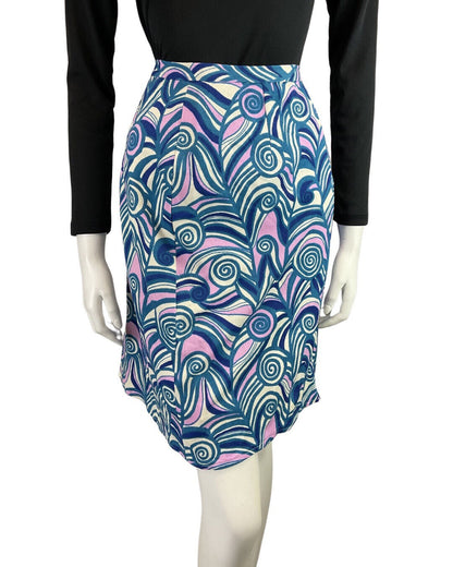 VINTAGE 60s 70s BLUE WHITE PURPLE PSYCHEDELIC SWIRL MOD SHORT SKIRT 10