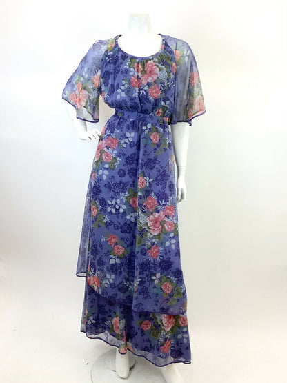 VTG 60s 70s PURPLE PINK GREEN FLORAL ROSE BOHO CAPE SLEEVE SHEER MAXI DRESS 12