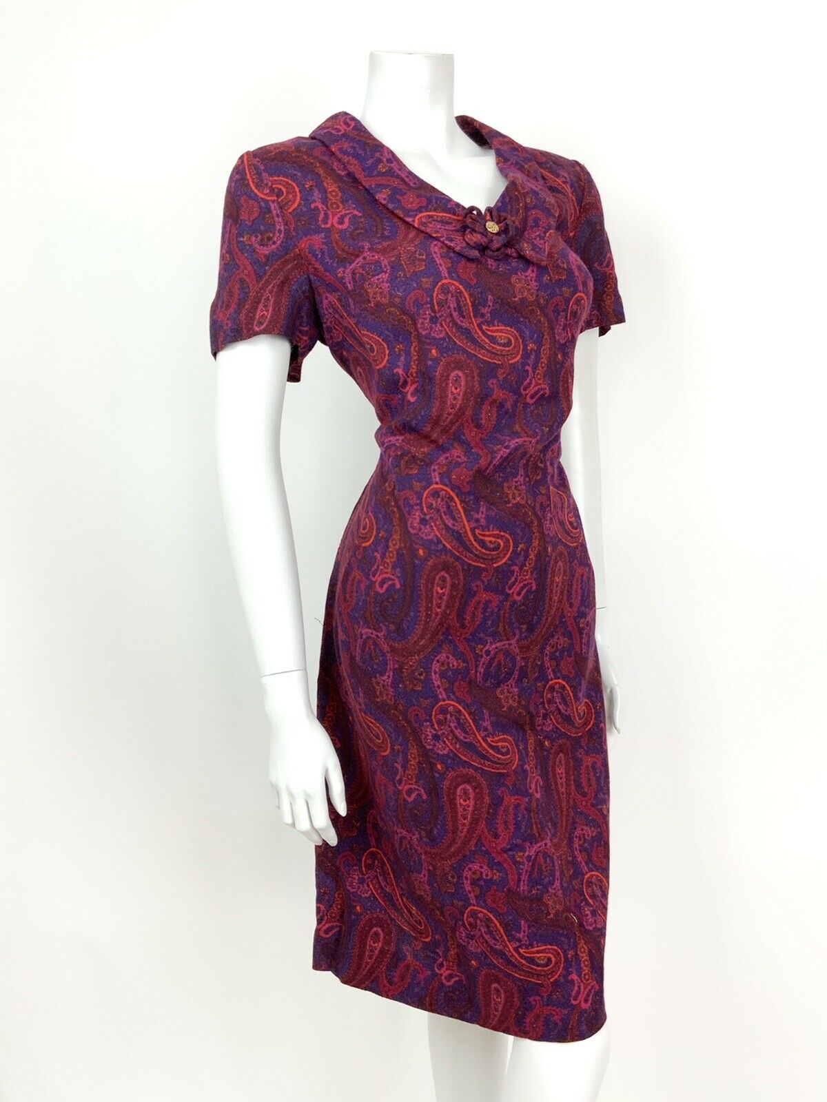 VTG 60s 70s PURPLE PINK ORANGE FLORAL PAISLEY CHELSEA COLLAR SHIFT DRESS 14 16