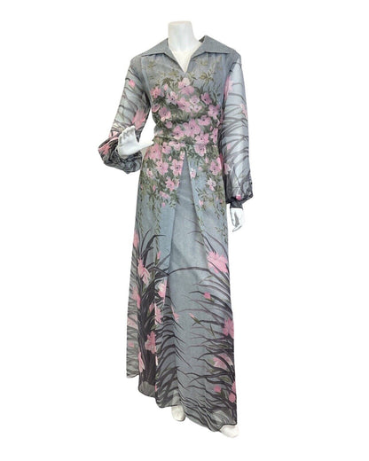 VINTAGE 60s 70s GREY PINK WHITE FLORAL BLOSSOM SHEER SHIRT COLLAR MAXI DRESS 14