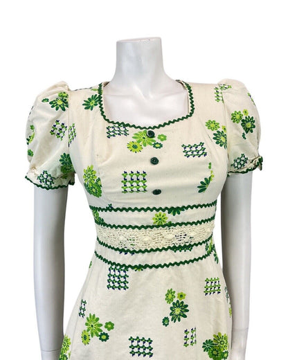 VINTAGE 60s CREAM GREEN BLUE FLORAL RIC-RAC PUFF SLEEVE MOD MINI DRESS 8 10